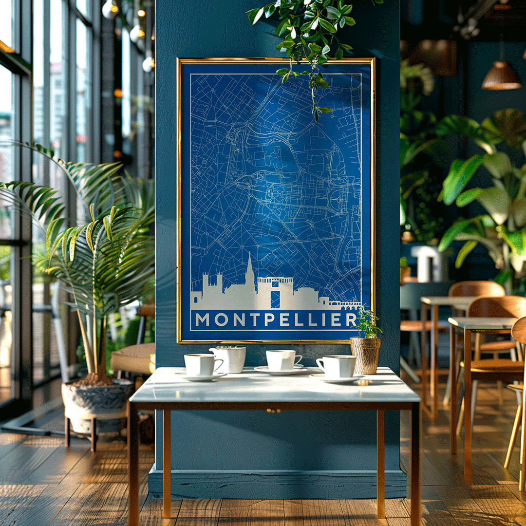 Minimalist map art print and detailed blue and white poster of Montpellier with city landmarks by Minimalist Montpellier Map, framed and displayed in home decor