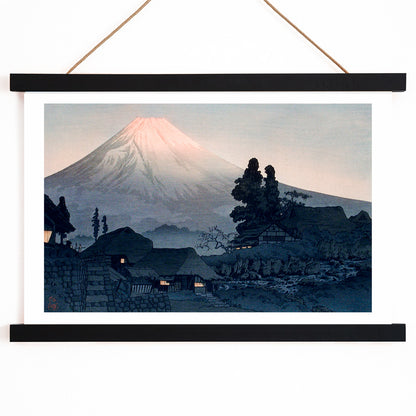 Mount Fuji From Mizukubo by Hiroaki Takahashi traditional Japanese village and houses at dusk artwork, with wooden magnetic frame on white background