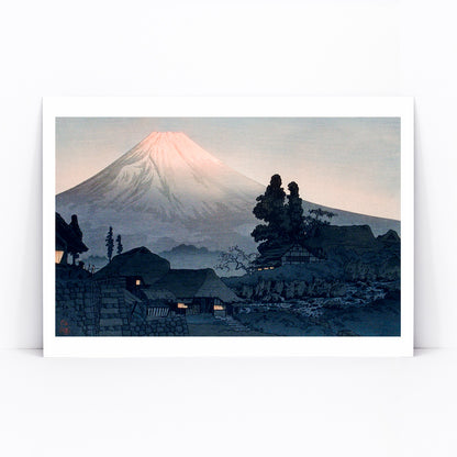 Mount Fuji From Mizukubo by Hiroaki Takahashi traditional Japanese village and houses at dusk artwork, framed and displayed in modern living room decor