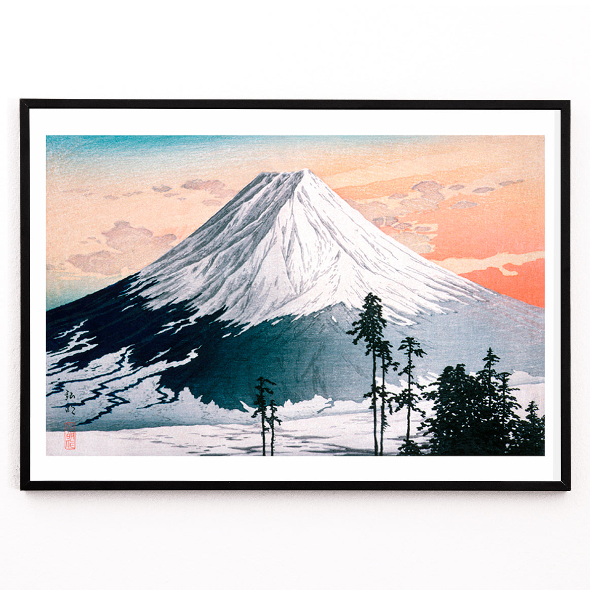 Closeup detail of Colorful landscape and snowy mountain with trees at sunrise Katsuyama Neighborhood artwork by Hiroaki Takahashi