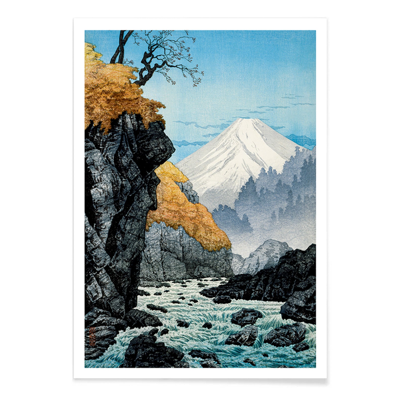 Mountain landscape with river autumn trees and rocky cliffs at Foot of Mount Ashitaka by Hiroaki Takahashi poster, with black aluminium frame on white background
