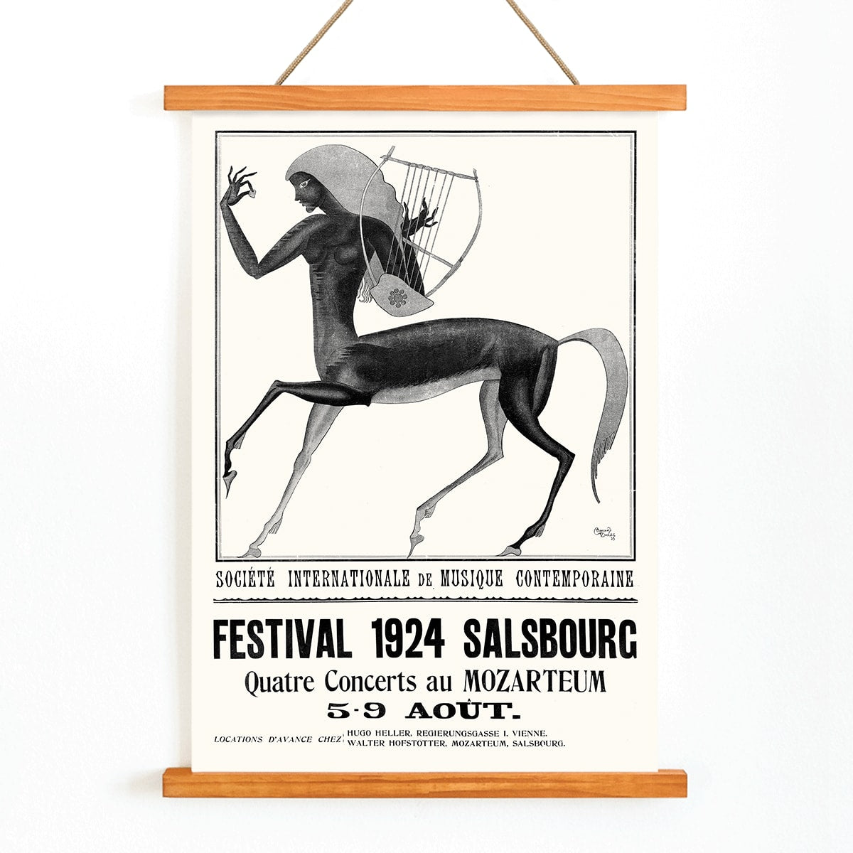 Centaur playing lyre and harp by Edmund Dulac for Societe internationale de musique contemporaine de Salsbourg poster artwork, with wooden magnetic frame on white background