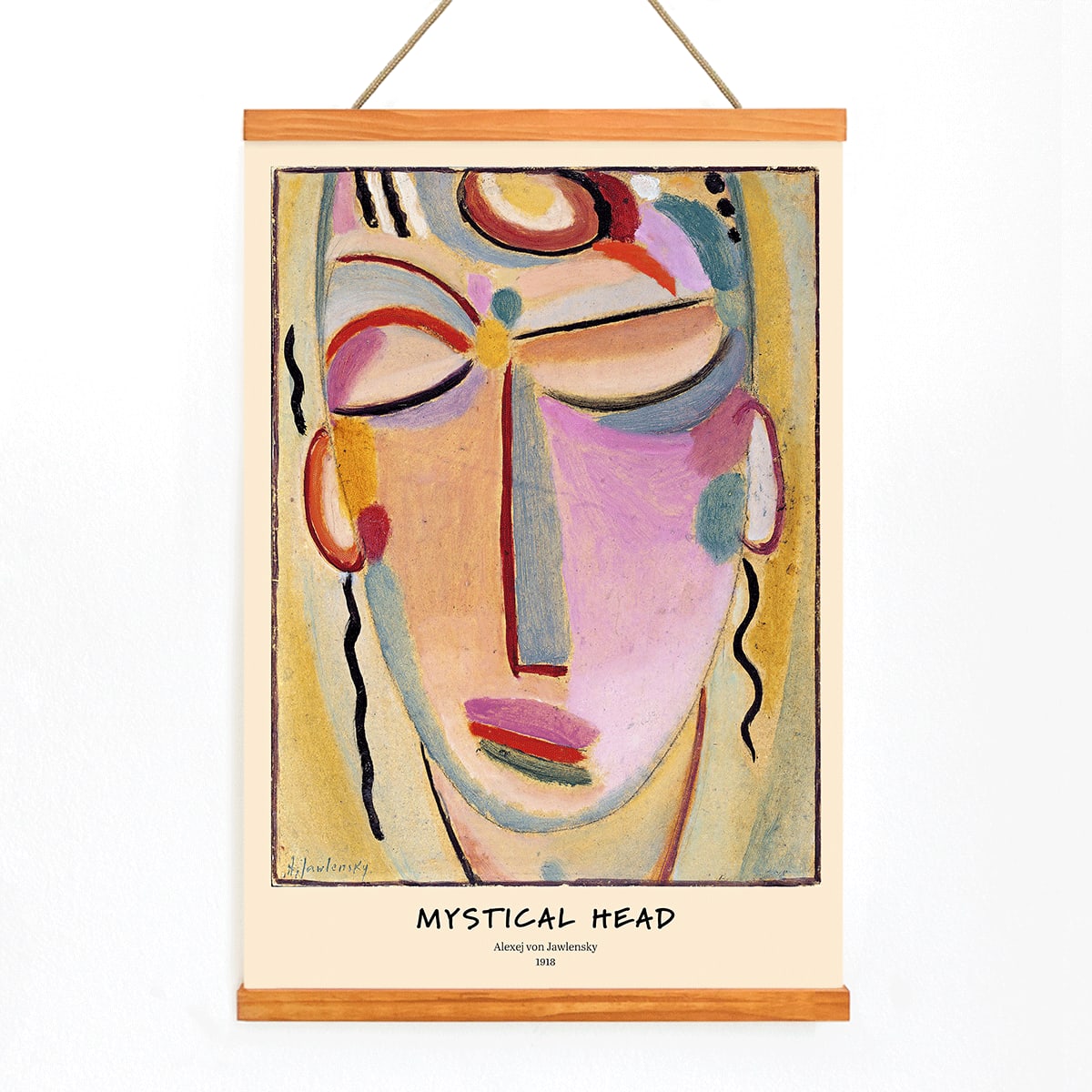 Abstract painting Mystical Head Meditation by Alexej von Jawlensky featuring a colorful stylized abstract face with closed eyes and serene expression, with wooden magnetic frame on white background
