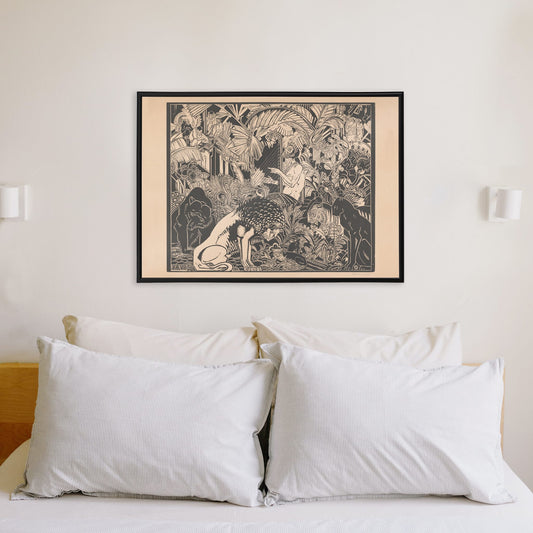 Orpheus playing harp surrounded by animals in lush jungle artwork by Henri van der Stok poster, framed and displayed in home decor