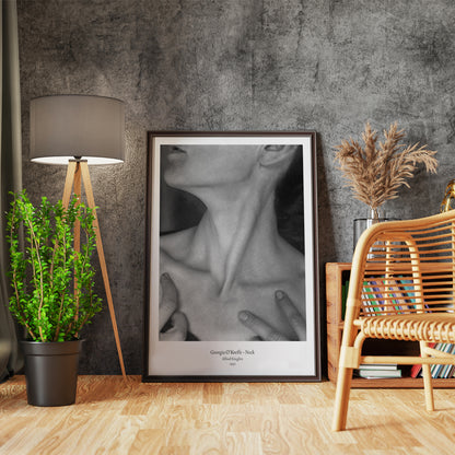 Black and white portrait of Georgia O Keeffe neck and hands by Alfred Stieglitz wall art poster photography decor, framed and displayed in home decor