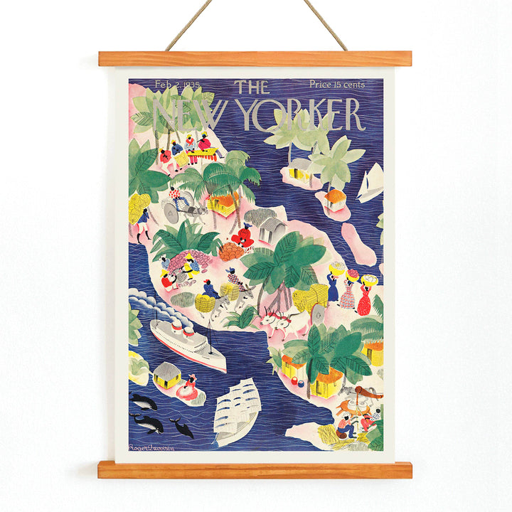 Colorful tropical island scene with people huts boats and palm trees in watercolor style illustration by Roger Duvoisin for The New Yorker, with wooden magnetic frame on white background