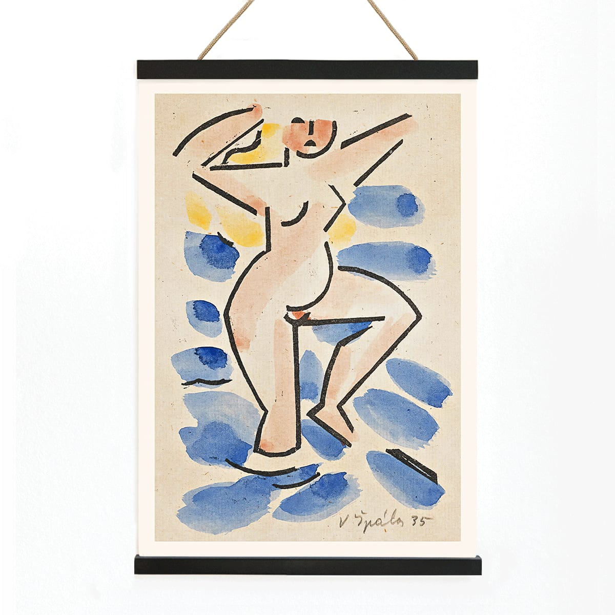 Colorful abstract watercolor painting and poster of a nude figure in blues and pinks titled Nude by Vaclav Spala, with wooden magnetic frame on white background