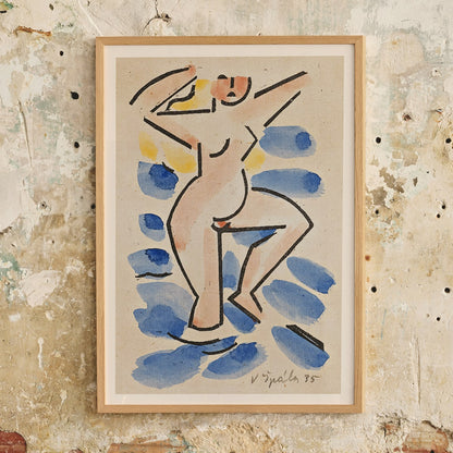 Colorful abstract watercolor painting and poster of a nude figure in blues and pinks titled Nude by Vaclav Spala, framed and displayed in home decor