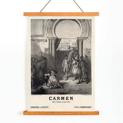 Promotional poster for Carmen by Georges Bizet published by Choudens featuring characters in a dramatic scene under an archway, with wooden magnetic frame on white background