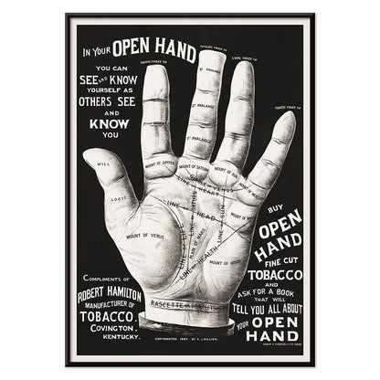 Palm reading diagram and detailed palm poster with labeled lines and mounts artwork titled Open hand by R J Millock and J Halleck, with black aluminium frame on white background