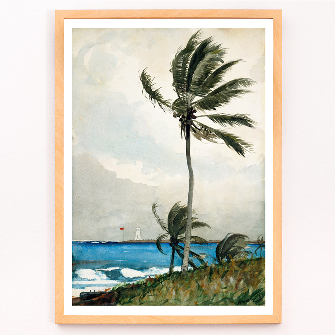 Closeup detail of Windy tropical beach with palm trees and ocean by Winslow Homer featuring Palm Tree Nassau and lighthouse in the background