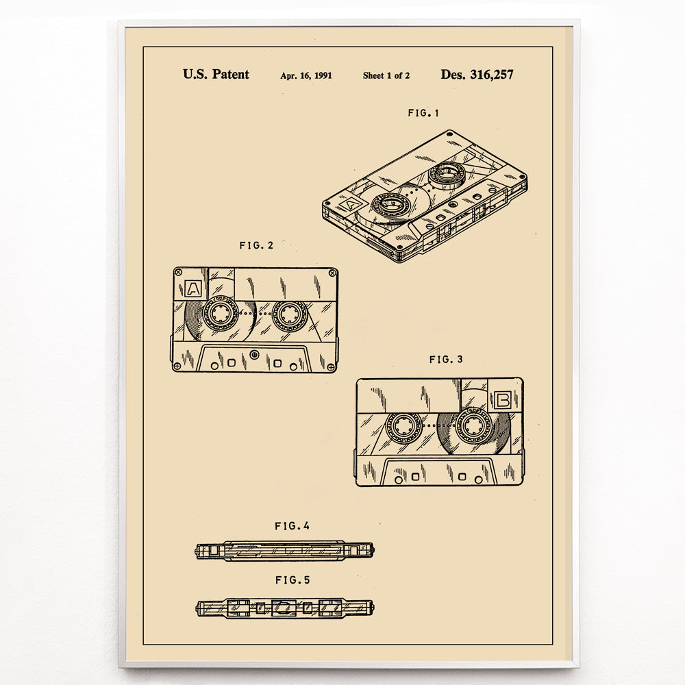 Closeup detail of Vintage cassette tape patent illustration and technical drawing poster Audio Tape Patent artwork by US Patents ideal music lover decor