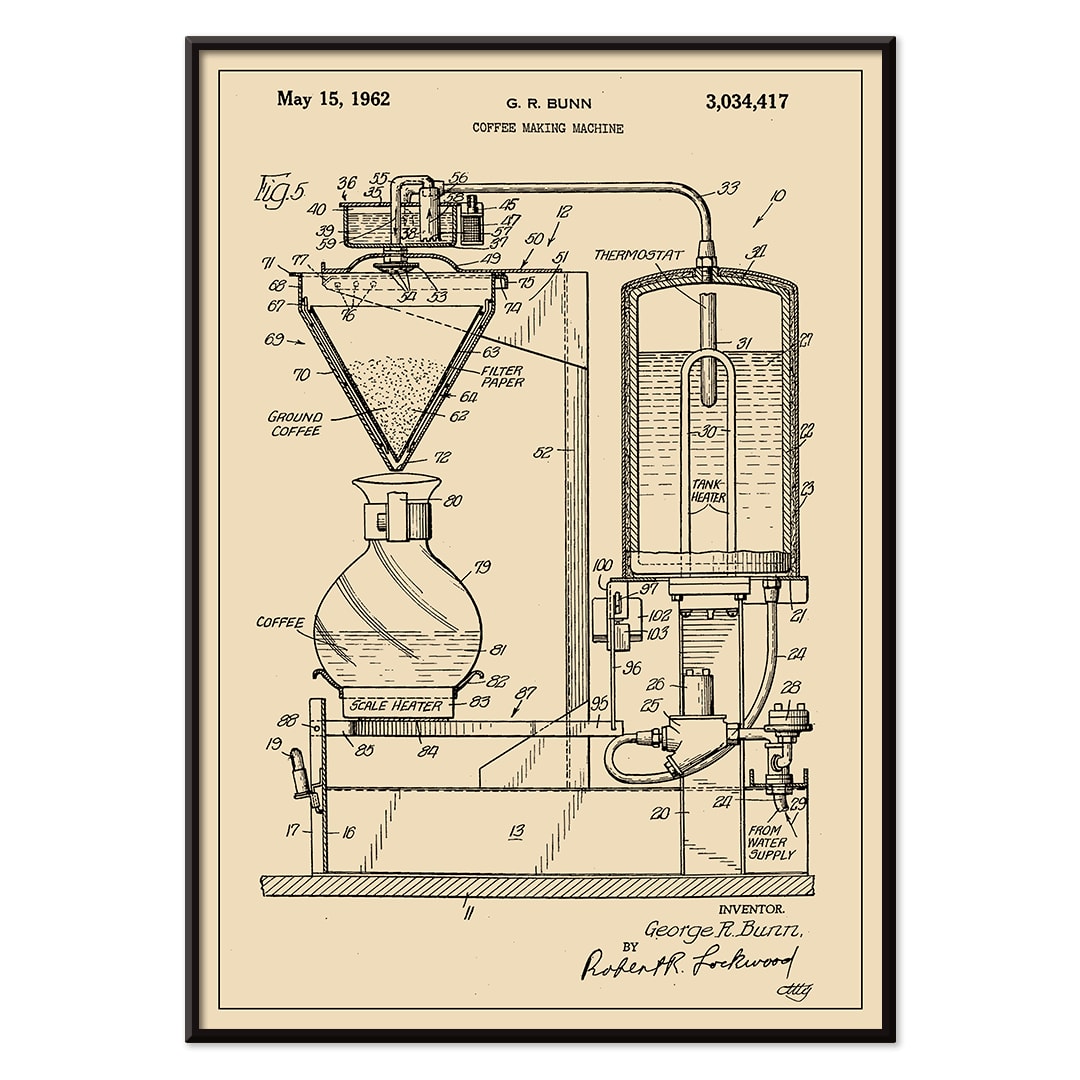 Technical diagram and poster of Coffee Making Machine by G R Bunn detailed drawing, with black aluminium frame on white background