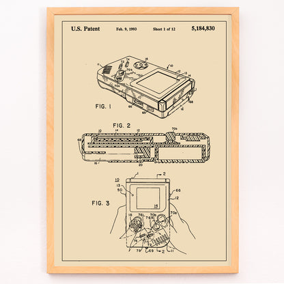 Closeup detail of Gameboy Patent technical drawing and poster artwork by Nintendo ideal for gaming decor and collectors