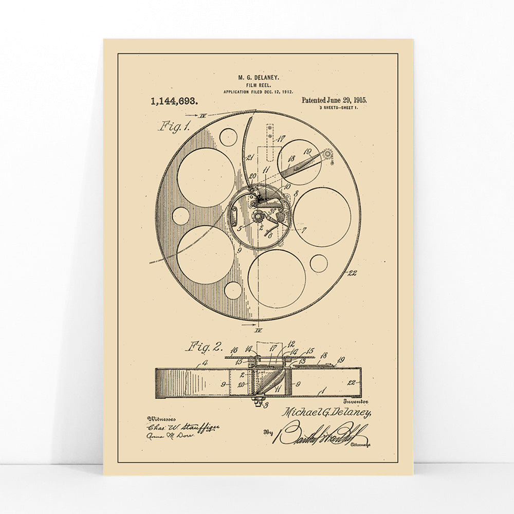 Vintage film reel patent illustration and schematic artwork by M G Delaney for wall art decor, framed and displayed in modern living room decor