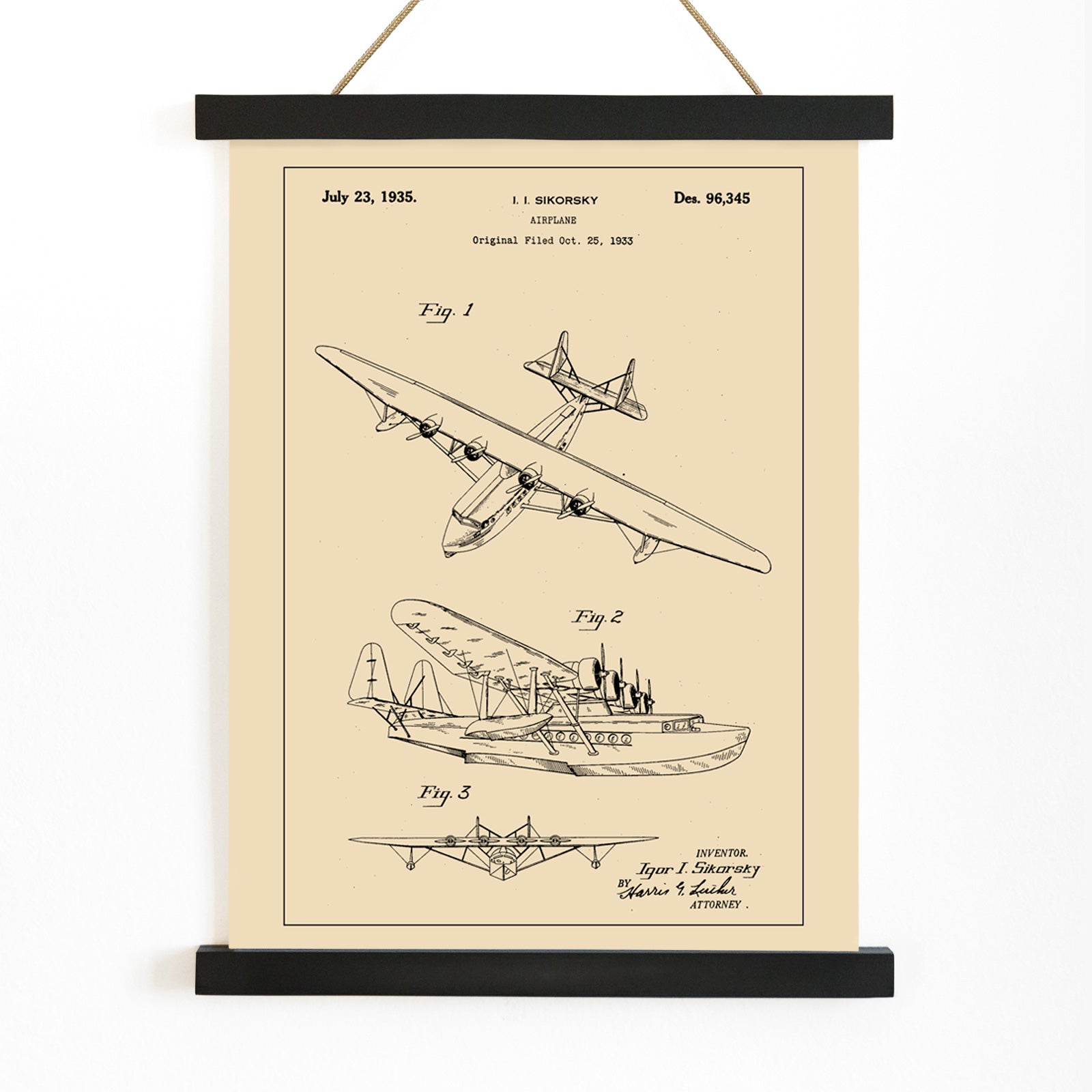 Detailed technical drawing and poster of a seaplane airplane patent by Igor I Sikorsky featuring multiple views and aircraft design sketches, with wooden magnetic frame on white background