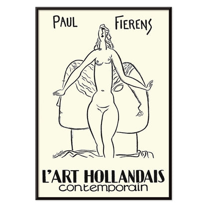 Black and white illustration poster of a nude woman and drawing of a nude figure by Paul Fierens in contemporary Dutch art from L Art Hollandais contemporain, with black aluminium frame on white background