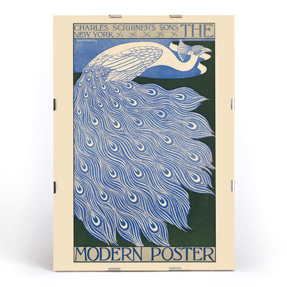 Elegant blue and white peacock with flowing feathers illustration from The Modern Poster by Will Bradley, framed and displayed in modern living room decor