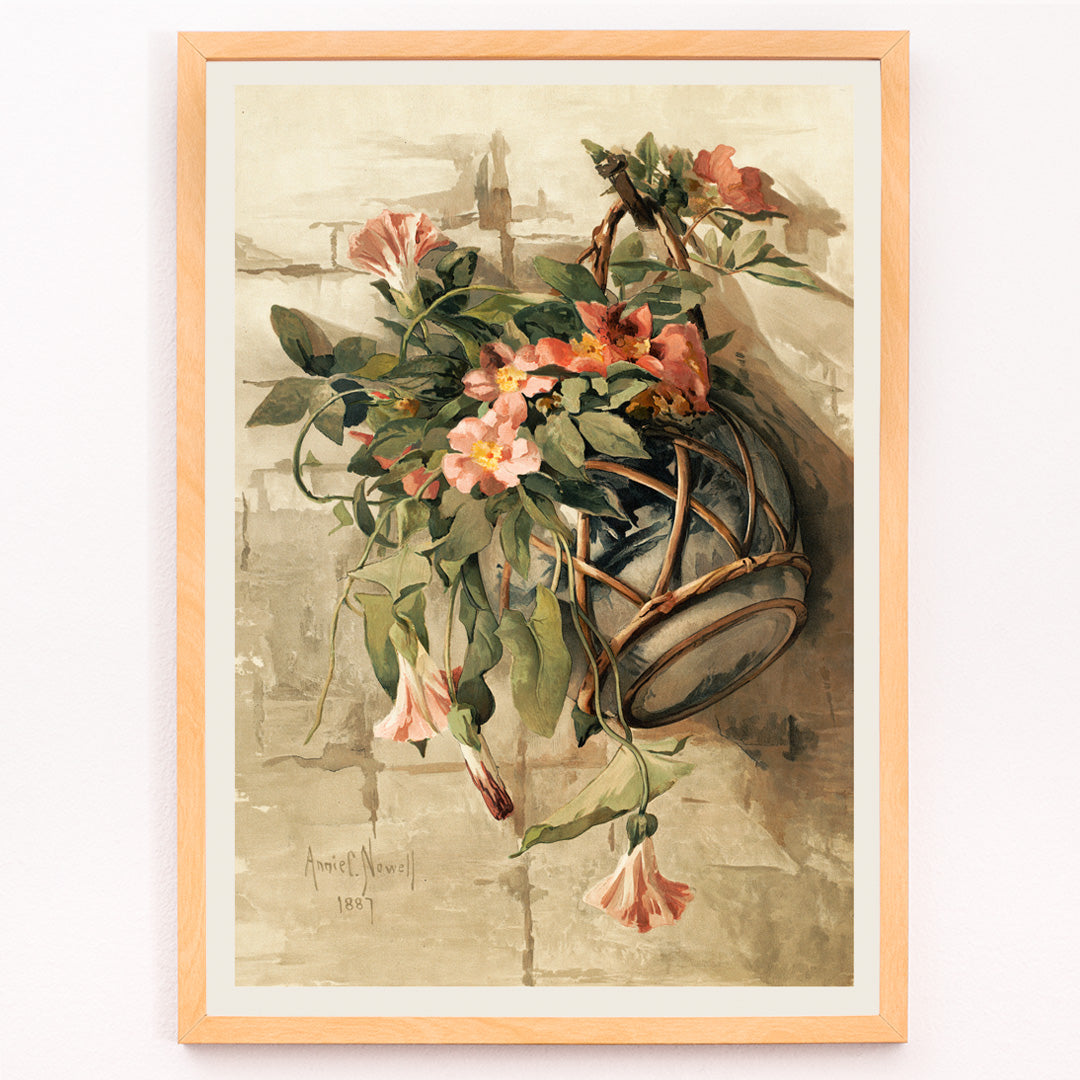 Closeup detail of Pink flowers in a hanging vase still life painting by Annie Nowell featuring delicate blooms in a rustic container against a neutral background