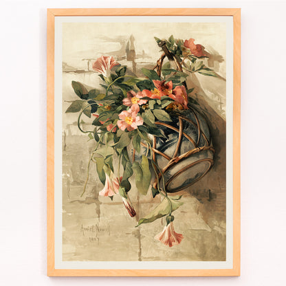 Closeup detail of Pink flowers in a hanging vase still life painting by Annie Nowell featuring delicate blooms in a rustic container against a neutral background