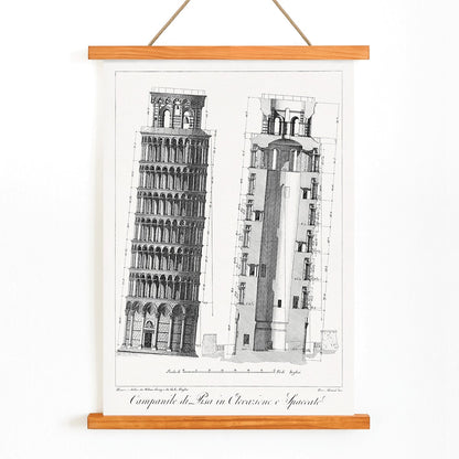 Architectural illustration and poster of the Leaning Tower of Pisa Campanile di Pisa by GL Taylor featuring elevations and section views, with wooden magnetic frame on white background