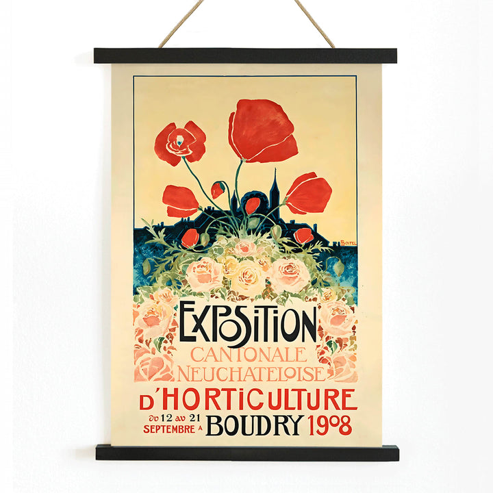 Colorful floral poster with vibrant flowers and bold text for Exposition Cantonale Neuchateloise dhorticulture de Boudry by Edmond Boitel, with wooden magnetic frame on white background