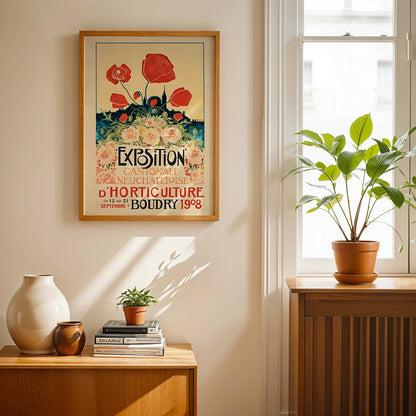 Colorful floral poster with vibrant flowers and bold text for Exposition Cantonale Neuchateloise dhorticulture de Boudry by Edmond Boitel, framed and displayed in home decor