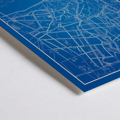 Closeup detail of Minimalist blue map of Porto framed poster with white lines modern wall art