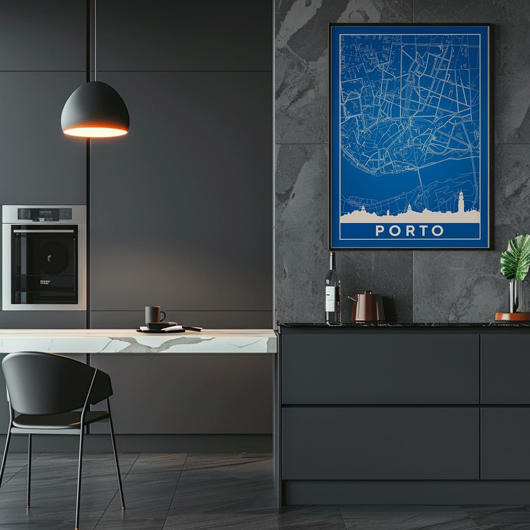 Minimalist blue map of Porto framed poster with white lines modern wall art, framed and displayed in home decor