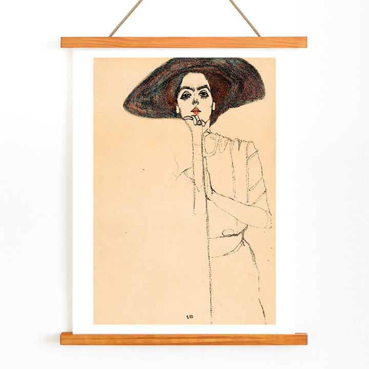 Frauenbildnis II by Egon Schiele poster featuring a woman in a large hat expressive minimalistic line drawing on beige background, with wooden magnetic frame on white background