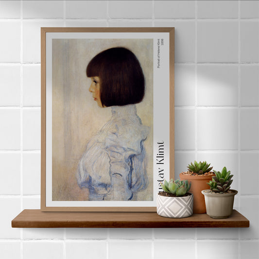 Side profile of young girl in white dress and blouse Portrait of Helene Klimt by Gustav Klimt poster, framed and displayed in home decor