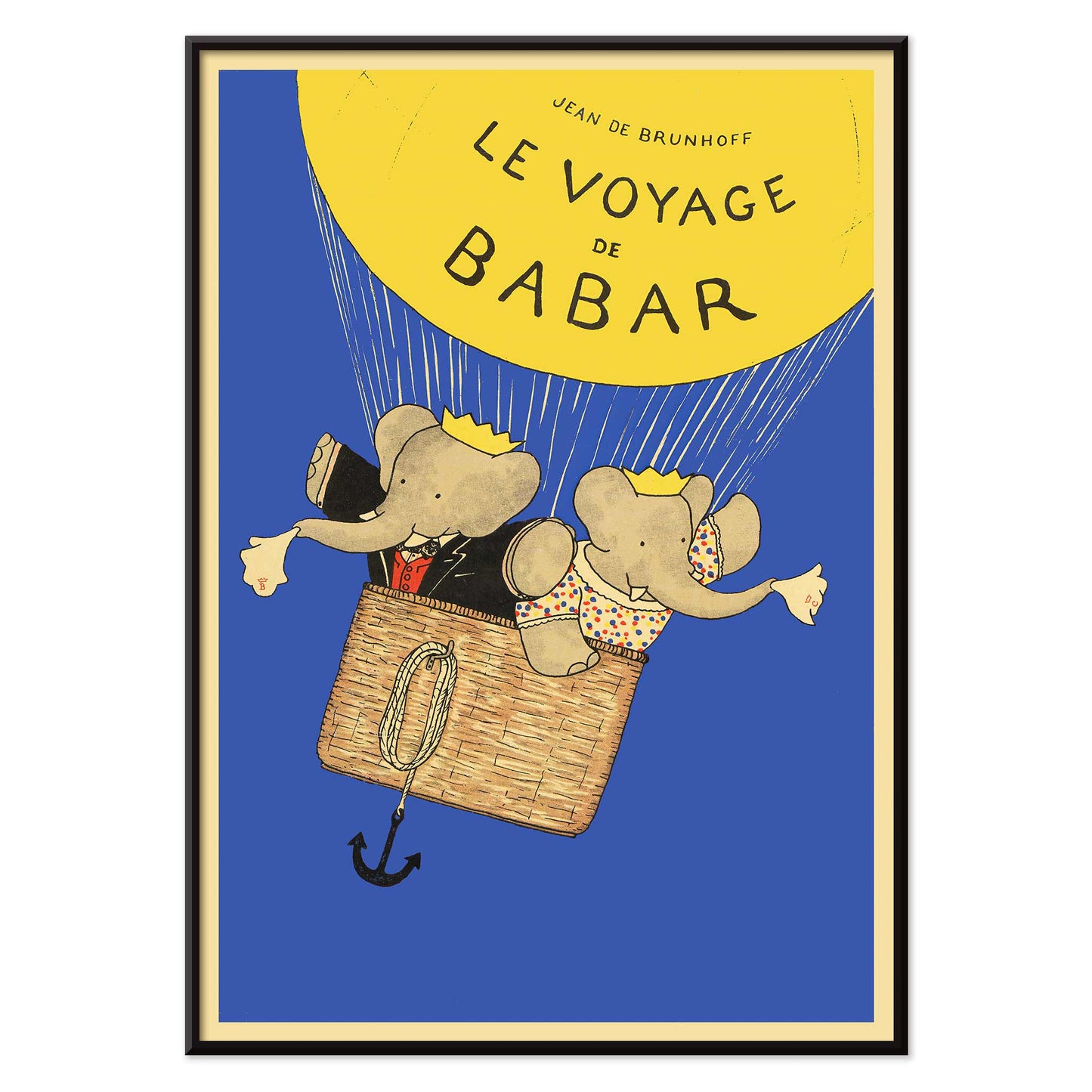 Le Voyage de Babar by Jean de Brunhoff illustration and poster featuring elephants in a hot air balloon with a yellow balloon on a blue background, with black aluminium frame on white background