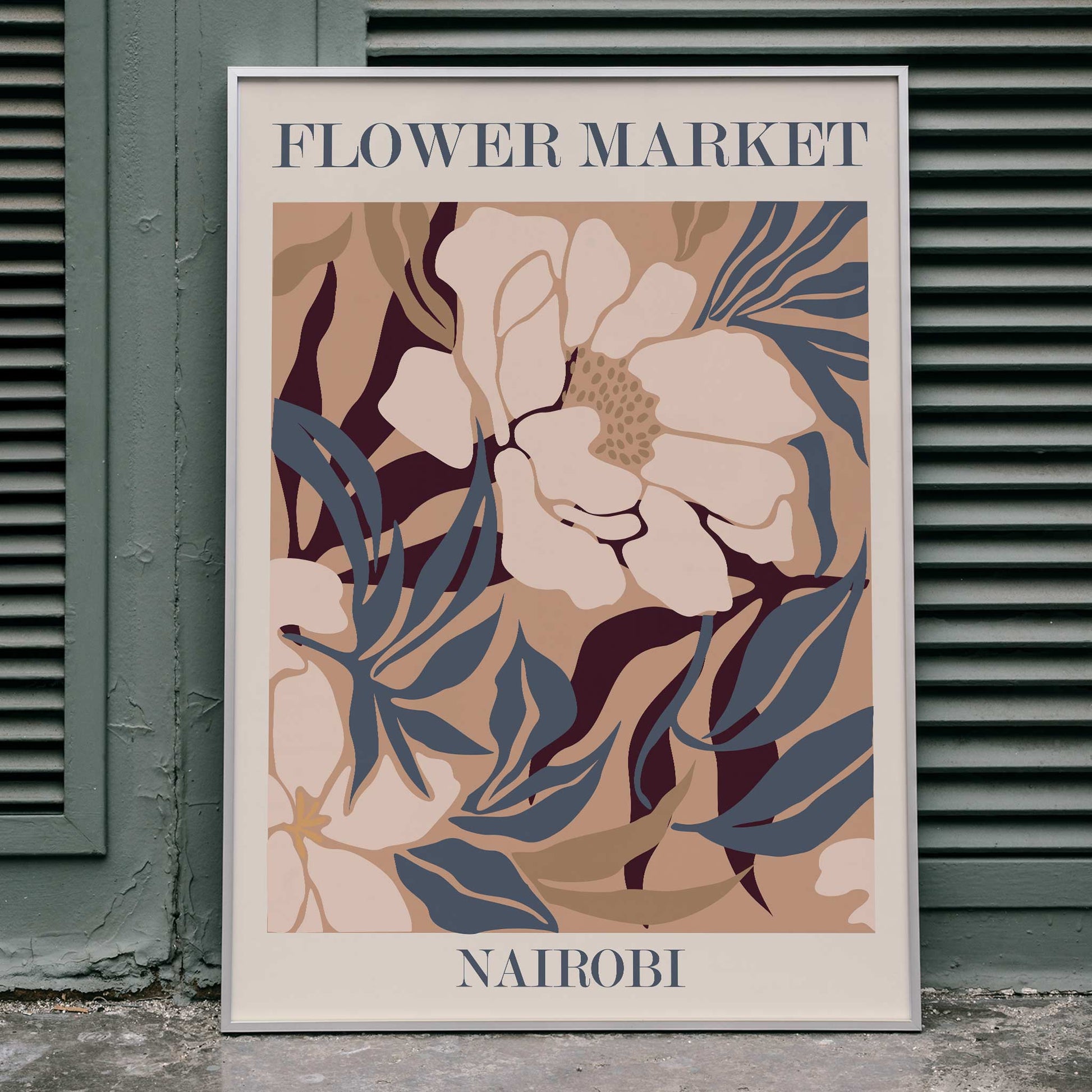 Floral artwork poster Flower Market Nairobi by Moryarty featuring abstract floral design in soft brown beige and blue hues, framed and displayed in home decor