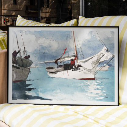 Vibrant fishing boats on turquoise blue water painted by Winslow Homer in Fishing Boats Key West perfect coastal decor poster, framed and displayed in home decor