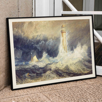 Bell Rock Lighthouse painting by Joseph Mallord William Turner showing a lighthouse in stormy seas with towering waves and a sailboat, framed and displayed in home decor