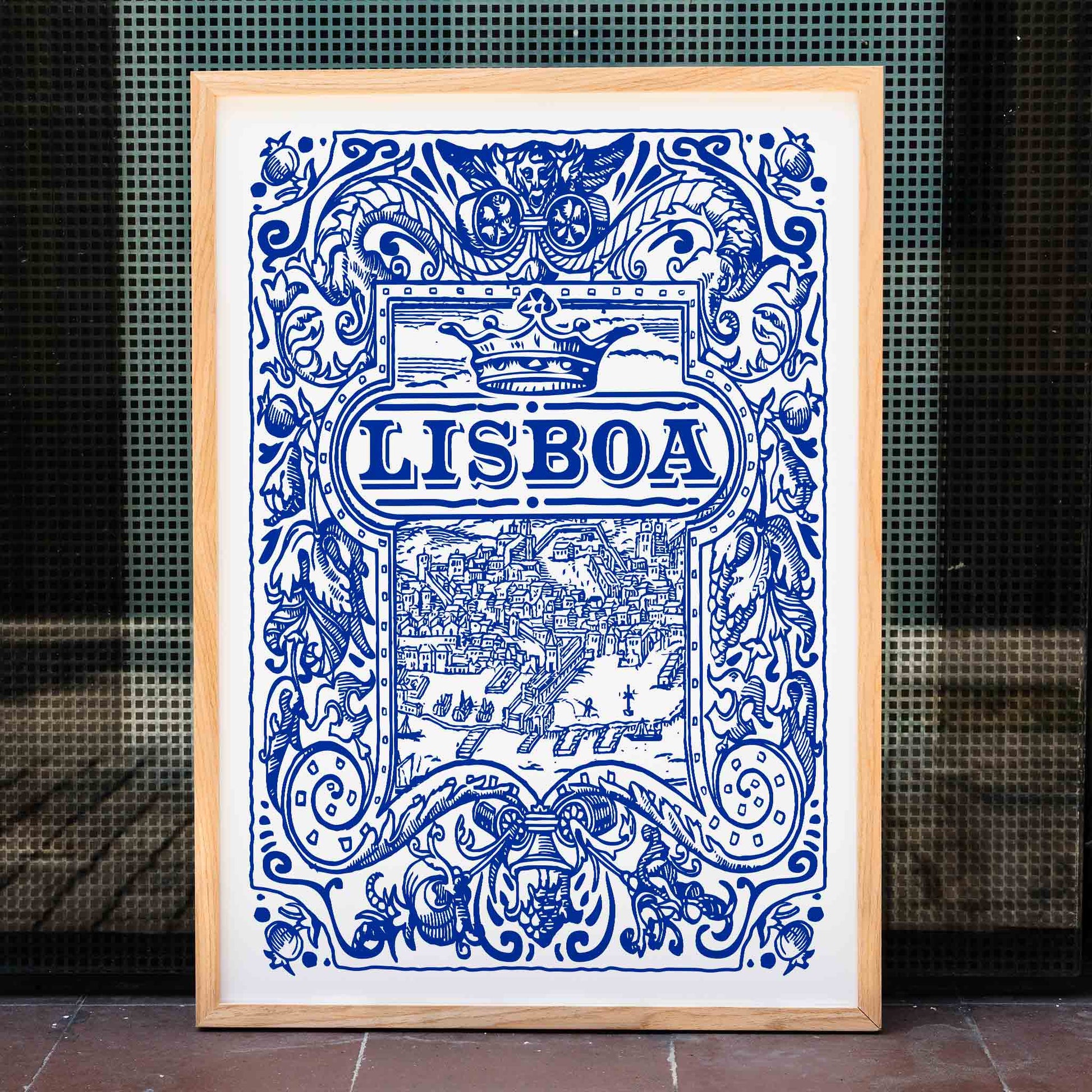 Artistic depiction and poster of Lisbon cityscape in blue and white azulejos with ornate designs titled Lisbon Azulejo Blue painted tile 2, framed and displayed in home decor
