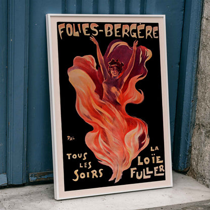 Folies-Bergere La Loie Fuller by Pal vibrant poster artwork featuring a dancing woman with flowing and swirling colorful fabric, framed and displayed in home decor
