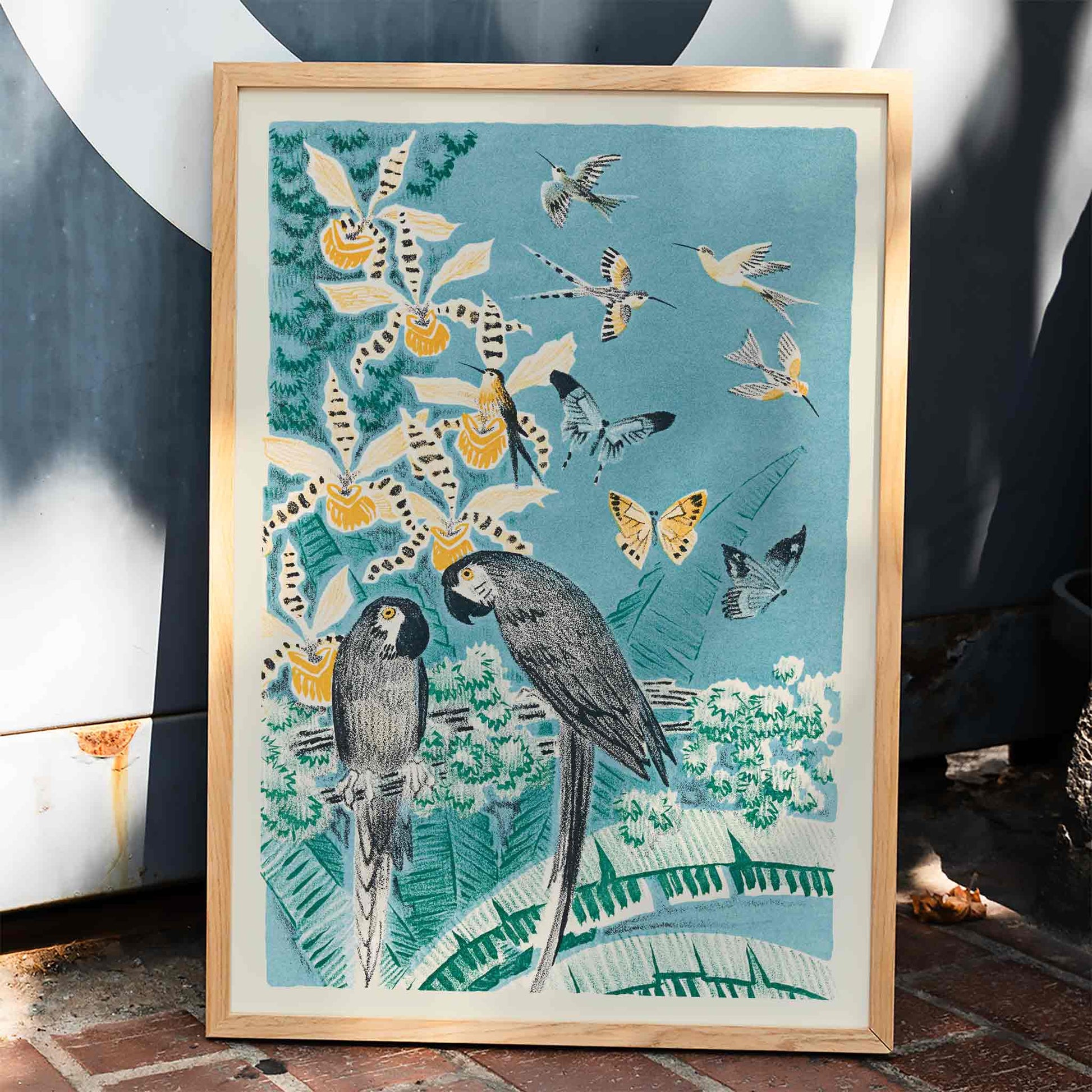 Colorful parrots butterflies and birds in a lush tropical garden illustration from Douze contes de Paris et de Provence by Paul Arène, framed and displayed in modern living room decor