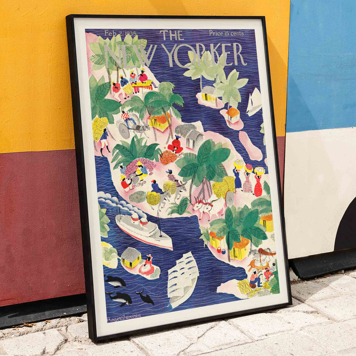 Colorful tropical island scene with people huts boats and palm trees in watercolor style illustration by Roger Duvoisin for The New Yorker, framed and displayed in home decor