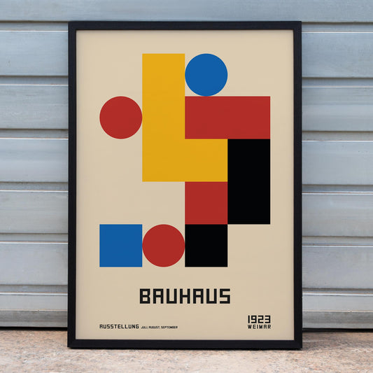 Bauhaus poster inspired by Weimar Exhibition with geometric shapes bold and primary colors abstract art, framed and displayed in home decor