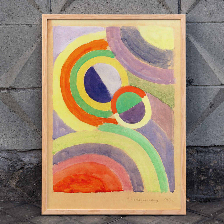 Abstract colorful circular forms and geometric shapes painting by Robert Delaunay titled Composition poster for wall decor, framed and displayed in home decor