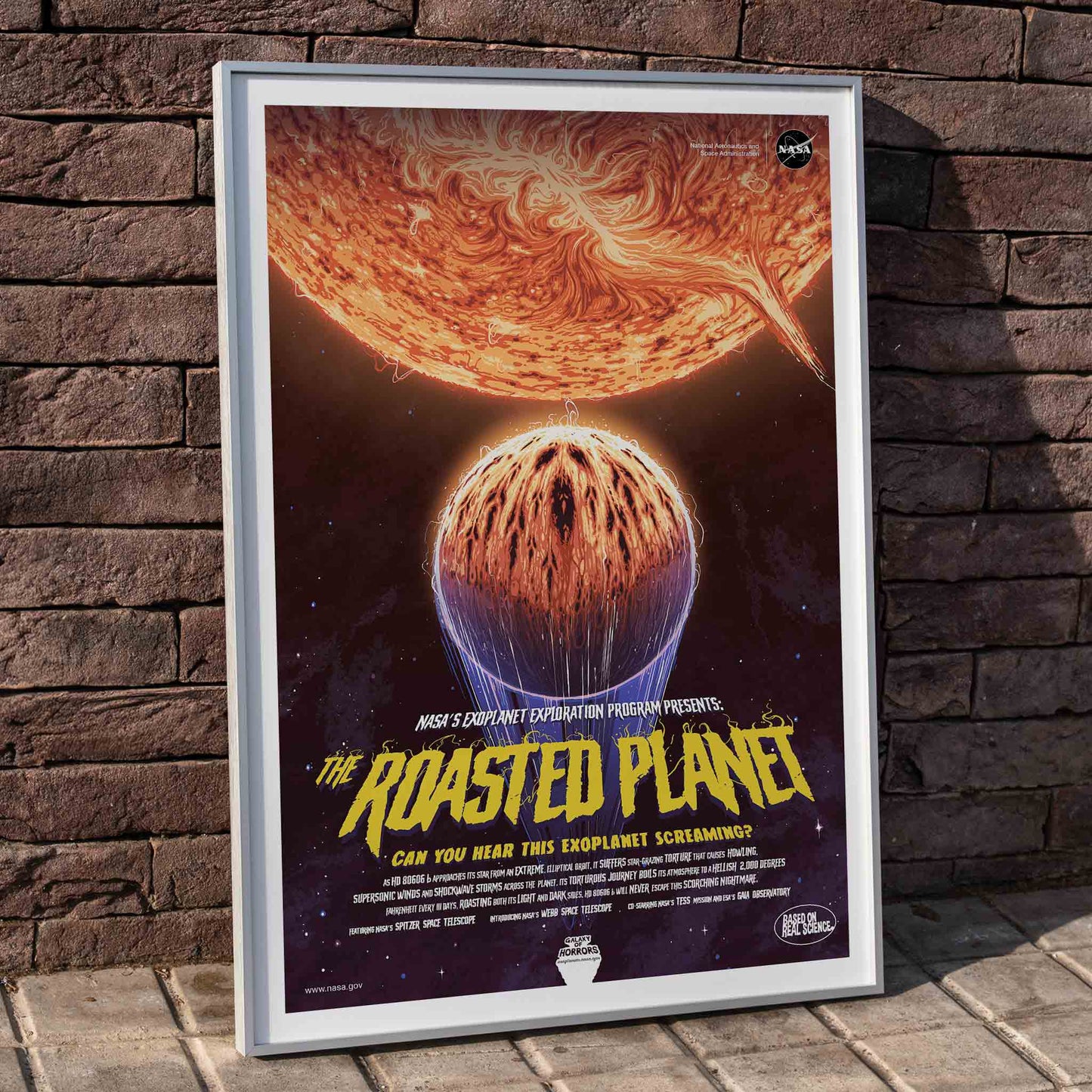NASA poster of The Roasted Planet exoplanet being scorched by its star with vivid eruptions and a burning surface, framed and displayed in home decor