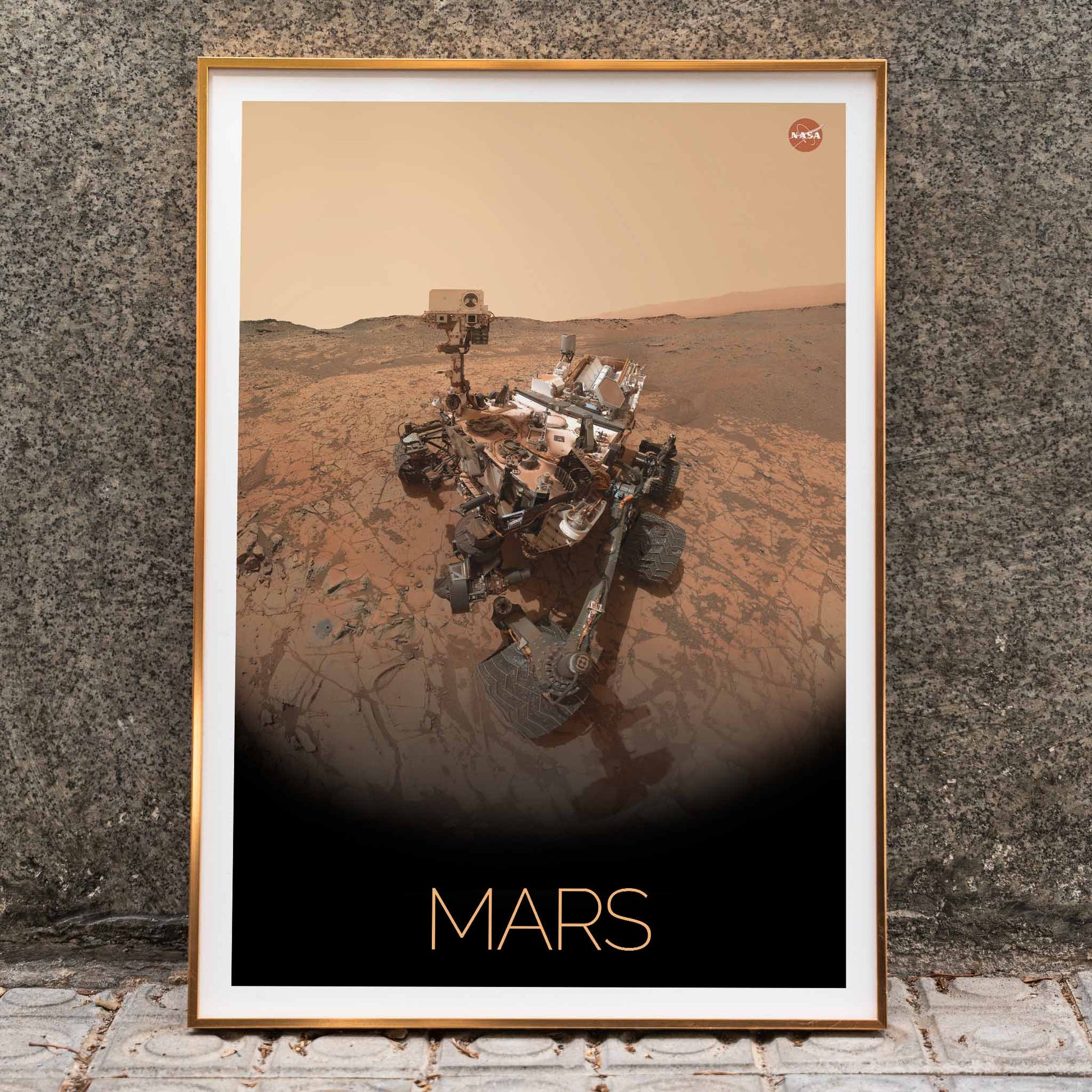 Mars exploration rover by NASA on the Martian surface in the Rover on Mars poster with NASA logo in top right corner, framed and displayed in home decor