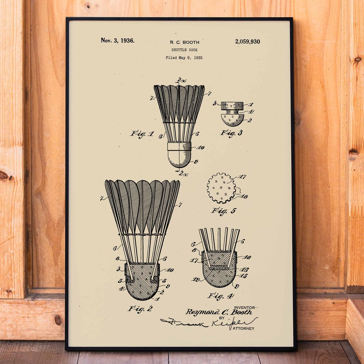 Shuttle Cock patent illustration and poster by R C Booth featuring detailed technical badminton shuttlecock diagrams and artwork, framed and displayed in home decor
