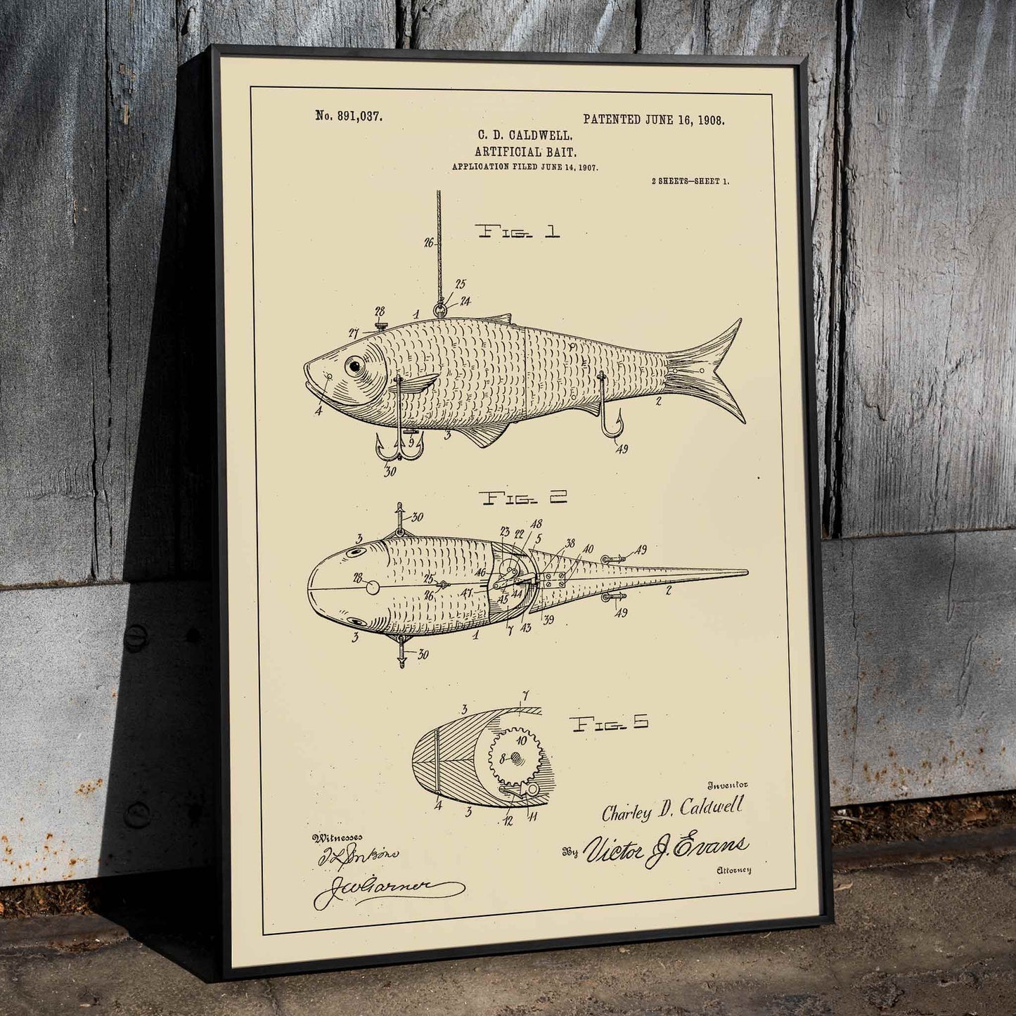 Artificial Bait Patent by C D Caldwell detailed vintage fish lure illustration and mechanical design poster artwork, framed and displayed in home decor