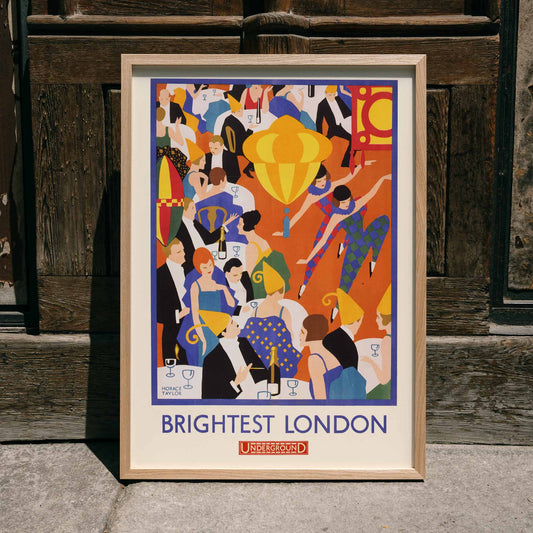 Colorful lively party scene with elegantly dressed dancing couples by Horace Taylor titled Brightest London and home by Underground poster, framed and displayed in home decor