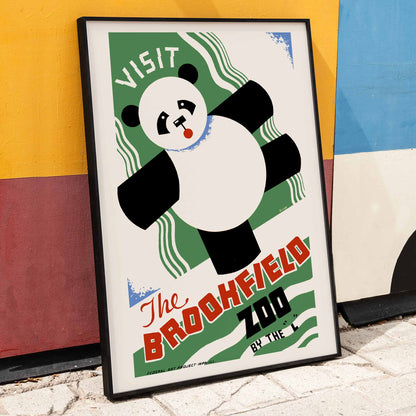 Colorful artistic poster of playful panda promoting Brookfield Zoo by Arlington Gregg with vibrant text and design, framed and displayed in home decor