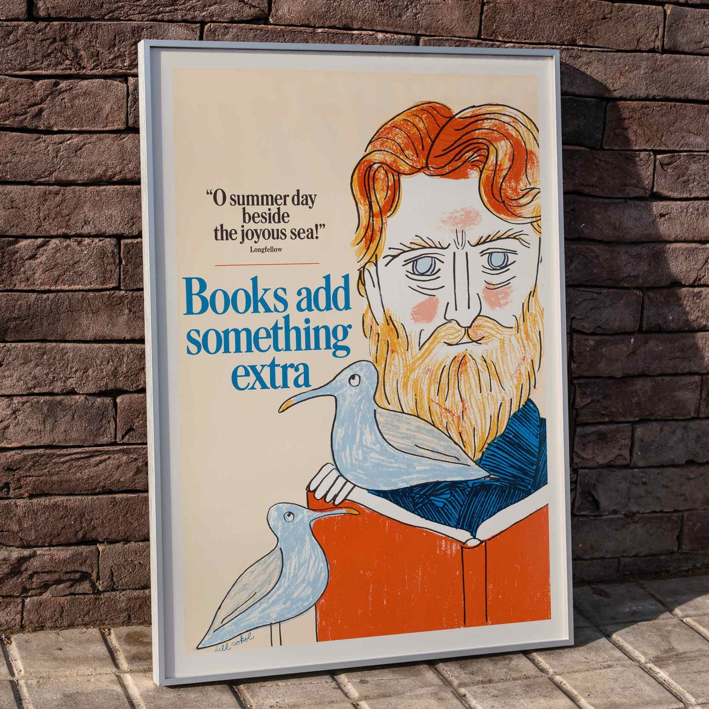 Books add something extra by Bill Sokol poster and illustration featuring a bearded man reading with seagulls birds and an open book, framed and displayed in home decor