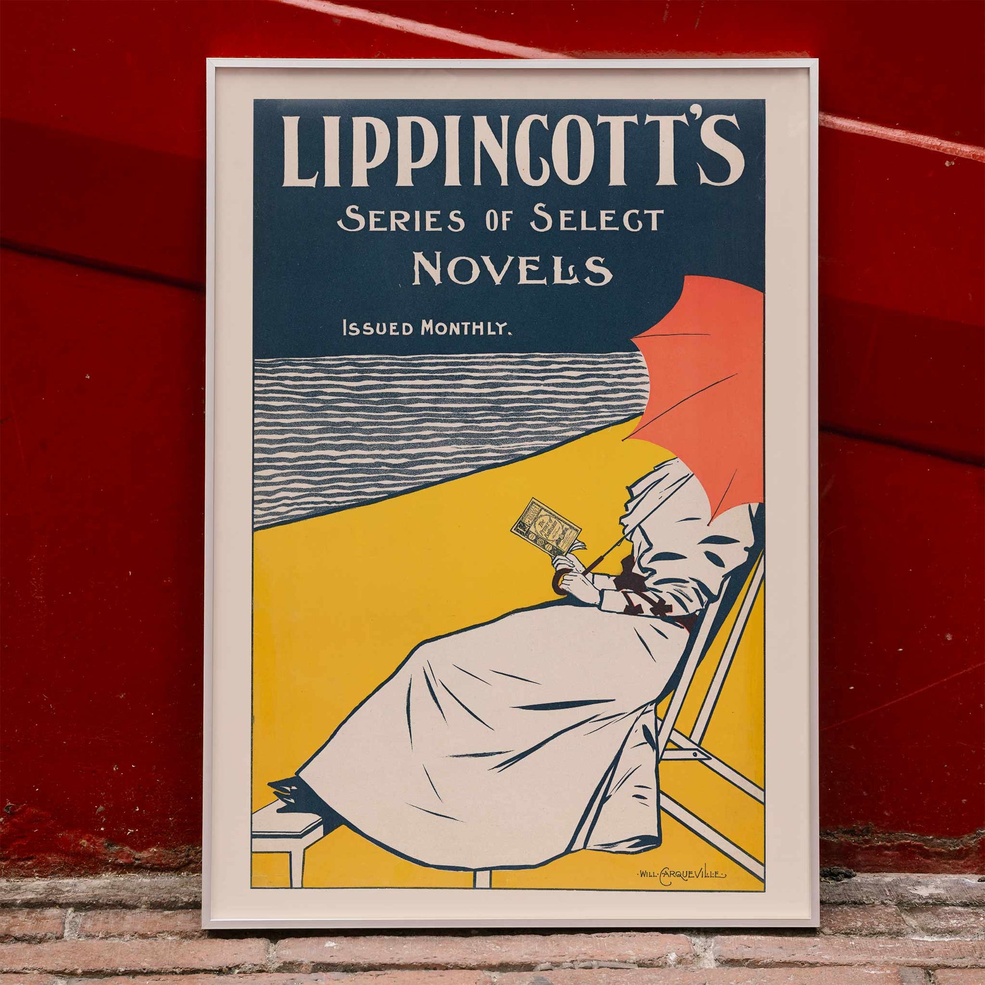 Poster of Lippincotts Series of Select Novels by William Carqueville showing a woman reading under a red umbrella by the beach, framed and displayed in home decor
