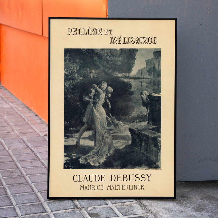 Artistic poster for Claude Debussy and Maurice Maeterlincks Pelleas et Melisande at Theatre de lOpera Comique featuring characters by a river for the premiere, framed and displayed in home decor